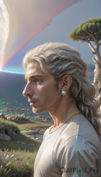 solo,long hair,blue eyes,blonde hair,shirt,1boy,jewelry,closed mouth,white shirt,upper body,braid,flower,white hair,grey hair,male focus,earrings,outdoors,sky,day,necklace,blurry,from side,tree,lips,profile,blurry background,facial hair,grass,beard,realistic,nose,rainbow,artist name,signature,blue sky,eyelashes,wavy hair,sunlight,stubble,looking afar