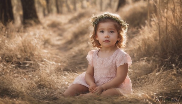 1girl,solo,looking at viewer,short hair,brown hair,dress,brown eyes,sitting,flower,short sleeves,outdoors,parted lips,white dress,blurry,lips,depth of field,blurry background,wariza,grass,child,nature,forest,realistic,female child,head wreath,hair ornament,water