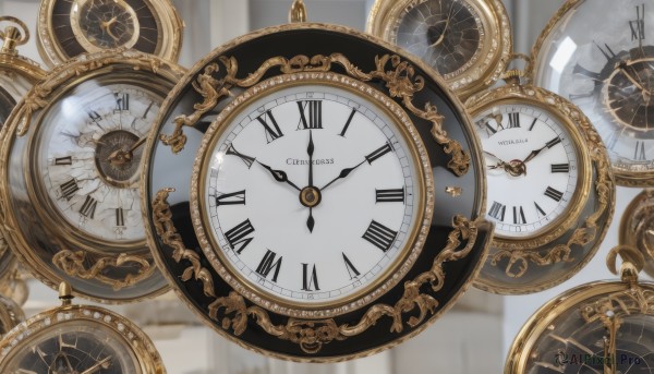 indoors,blurry,no humans,scenery,watch,clock,gears,pocket watch,roman numeral,steampunk,grey background,still life,analog clock