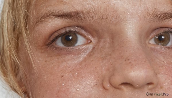 1girl,solo,looking at viewer,short hair,blonde hair,simple background,1boy,white background,brown eyes,closed mouth,male focus,lips,eyelashes,portrait,close-up,freckles,realistic,eye focus