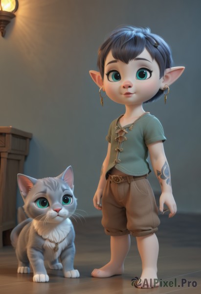 solo,looking at viewer,short hair,blue eyes,shirt,black hair,hair ornament,1boy,jewelry,green eyes,blue hair,standing,full body,short sleeves,male focus,earrings,shorts,barefoot,pointy ears,belt,indoors,necklace,aqua eyes,lips,tattoo,animal,cat,ring,child,wooden floor,green shirt,female child,male child,brown shorts,lalafell,1girl,artist name,hoop earrings,arm tattoo,brown pants