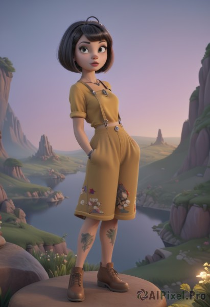 1girl,solo,breasts,looking at viewer,short hair,bangs,shirt,black hair,dress,brown eyes,jewelry,standing,collarbone,full body,flower,short sleeves,earrings,small breasts,boots,outdoors,parted lips,sky,shoes,shorts,artist name,signature,water,necklace,black eyes,bracelet,lips,eyelashes,tattoo,makeup,buttons,brown footwear,arms behind back,bob cut,suspenders,grass,lipstick,pendant,cross-laced footwear,sunset,yellow shirt,rock,nose,hands in pockets,red lips,female child,ankle boots,overalls,arm tattoo,mushroom,leg tattoo,pond,overall shorts,swept bangs,watermark,floral print,animal print,web address,hand in pocket