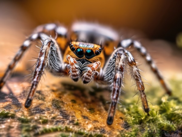 solo,looking at viewer,blue eyes,outdoors,blurry,pokemon (creature),no humans,depth of field,blurry background,grass,bug,robot,claws,monster,motion blur,realistic,antennae,full body,artist name,watermark,animal focus,extra eyes,horror (theme),spider