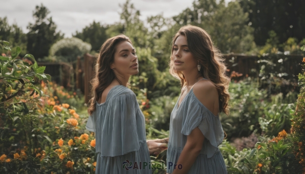 long hair,looking at viewer,multiple girls,brown hair,dress,2girls,bare shoulders,brown eyes,jewelry,flower,earrings,outdoors,parted lips,day,white dress,blurry,tree,lips,depth of field,blurry background,holding hands,siblings,nature,realistic,orange flower,garden,smile,open mouth,upper body,looking at another,blue dress,plant,sisters,mother and daughter