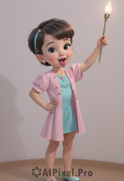 1girl,solo,looking at viewer,smile,short hair,open mouth,brown hair,black hair,hair ornament,dress,holding,brown eyes,jewelry,standing,full body,short sleeves,heart,hairband,earrings,shoes,tongue,hairclip,puffy sleeves,tongue out,black eyes,arm up,puffy short sleeves,hand on hip,loli,blue dress,shadow,piercing,child,blue footwear,female child,simple background,realistic,wand,candle