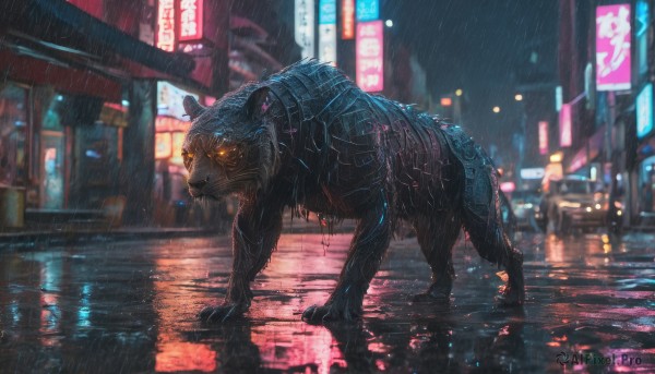 outdoors, blurry, no humans, night, blurry background, glowing, animal, ground vehicle, building, glowing eyes, motor vehicle, reflection, rain, city, car, road, street, city lights, cyberpunk, neon lights