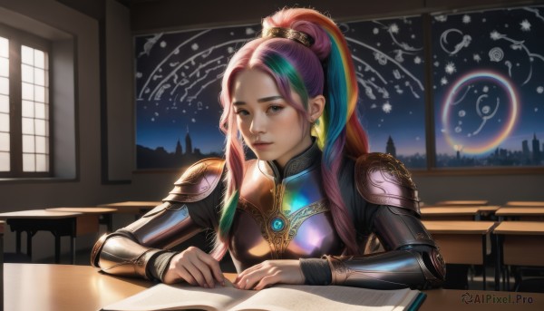 1girl,solo,long hair,looking at viewer,smile,blue eyes,jewelry,sitting,blue hair,upper body,ponytail,pink hair,purple hair,multicolored hair,earrings,green hair,indoors,armor,two-tone hair,lips,streaked hair,book,window,night,table,shoulder armor,gem,open book,desk,pen,classroom,pencil,map,writing