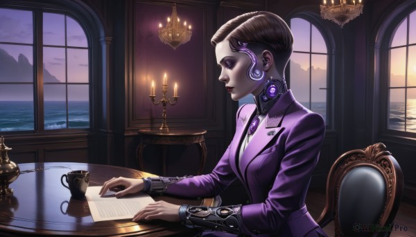 1girl,solo,breasts,short hair,brown hair,long sleeves,jewelry,sitting,purple eyes,jacket,earrings,sky,cloud,indoors,water,from side,cup,lips,book,window,profile,makeup,ocean,chair,formal,table,suit,lipstick,science fiction,teacup,paper,nose,lamp,candle,purple jacket,saucer,writing,candlestand,bird,scenery,sunset