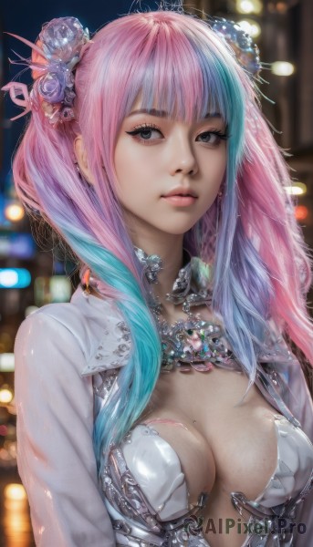 1girl,solo,long hair,breasts,looking at viewer,bangs,hair ornament,cleavage,twintails,jewelry,medium breasts,closed mouth,blue hair,upper body,pink hair,flower,multicolored hair,earrings,hair flower,necklace,mole,blurry,black eyes,two-tone hair,lips,grey eyes,makeup,blurry background,mole on breast,realistic,nose,parted lips,artist name,gradient hair