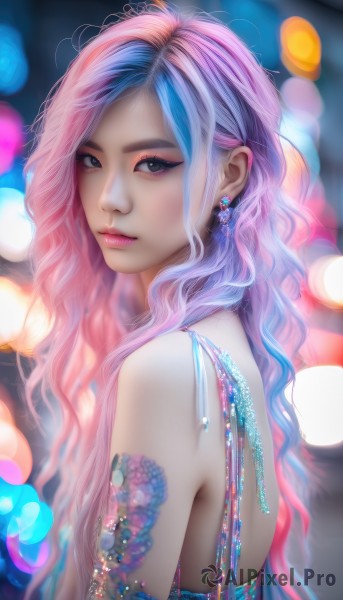 1girl,solo,long hair,looking at viewer,blue eyes,dress,bare shoulders,jewelry,closed mouth,blue hair,upper body,pink hair,multicolored hair,earrings,blurry,black eyes,from side,two-tone hair,lips,grey eyes,eyelashes,tattoo,makeup,depth of field,blurry background,wavy hair,lipstick,eyeshadow,realistic,nose,eyeliner,bokeh,mascara,artist name,looking to the side,watermark,gem,web address,pearl (gemstone)