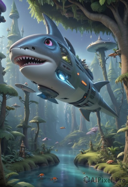 open mouth,outdoors,sky,teeth,water,tree,no humans,night,glowing,animal,robot,sharp teeth,building,nature,scenery,forest,fish,flying,science fiction,fantasy,mushroom,shark,whale,underwater,swimming