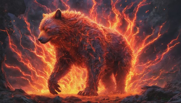 solo, standing, no humans, glowing, fire, claws, rock, molten rock