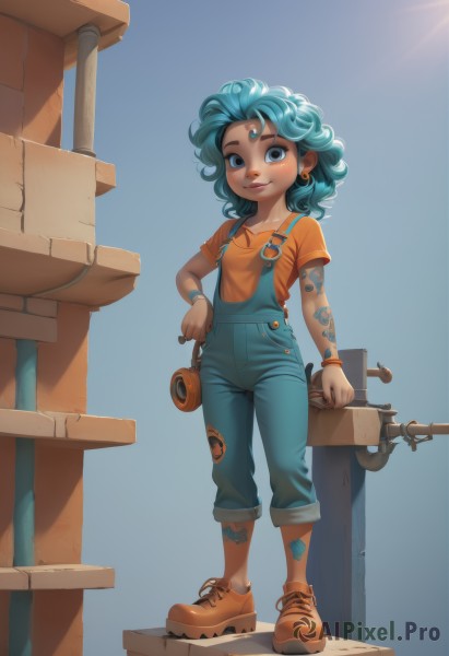 1girl,solo,looking at viewer,smile,short hair,blue eyes,shirt,jewelry,blue hair,standing,full body,short sleeves,earrings,shoes,dark skin,dark-skinned female,lips,aqua hair,tattoo,denim,child,freckles,curly hair,forehead mark,overalls,forehead jewel,holding,closed mouth,weapon,green hair,day,pants,medium hair,flat chest,bracelet,gun,blue background,brown footwear,sunlight,aged down,sneakers,bandaid,female child,stud earrings,orange shirt