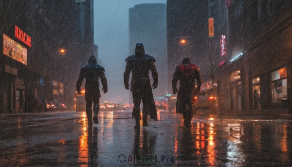 standing,jacket,male focus,outdoors,multiple boys,pants,hood,2boys,from behind,armor,black jacket,muscular,night,3boys,ground vehicle,building,motor vehicle,reflection,walking,science fiction,rain,4boys,city,sign,car,road,police,lamppost,street,cyberpunk,neon lights,sky,wet,helmet,scenery,hood up,running,realistic,superhero