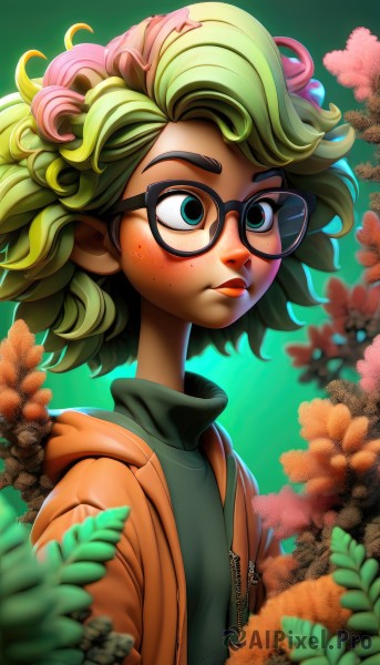 1girl,solo,short hair,shirt,closed mouth,green eyes,jacket,upper body,flower,multicolored hair,green hair,open clothes,glasses,artist name,hood,blurry,two-tone hair,open jacket,lips,gradient,hoodie,turtleneck,leaf,hood down,looking up,plant,messy hair,hooded jacket,zipper,freckles,green background,black-framed eyewear,curly hair,brown jacket,nose,blue eyes,pink hair