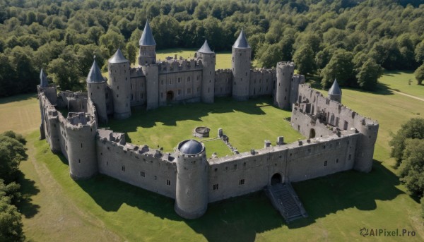 outdoors,day,tree,no humans,shadow,grass,building,nature,scenery,forest,road,bush,castle,tower,path,fantasy