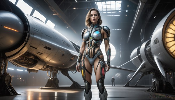 HQ,1girl,solo,breasts,looking at viewer,short hair,brown hair,gloves,navel,brown eyes,medium breasts,standing,boots,solo focus,indoors,fingerless gloves,medium hair,armor,lips,bodysuit,ass visible through thighs,robot,science fiction,realistic,aircraft,spacecraft,lights,blue eyes,weapon,window,mecha,machinery,reflection,arms at sides