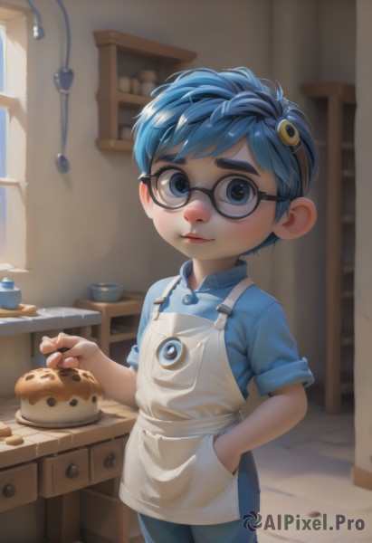 solo,looking at viewer,blush,smile,short hair,blue eyes,shirt,1boy,holding,closed mouth,blue hair,standing,short sleeves,male focus,hairband,food,glasses,day,collared shirt,pants,indoors,apron,lips,window,table,thick eyebrows,blue shirt,child,plate,sleeves rolled up,personification,black-framed eyewear,hand in pocket,nose,blue pants,male child,cookie,kitchen,cabinet,pie,overalls