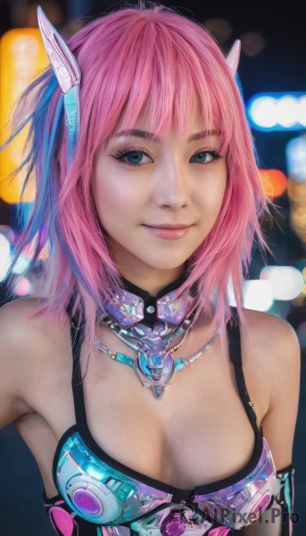 1girl,solo,breasts,looking at viewer,smile,short hair,blue eyes,cleavage,bare shoulders,jewelry,medium breasts,upper body,pink hair,necklace,blurry,lips,makeup,blurry background,headgear,science fiction,realistic,bangs,closed mouth,elbow gloves,eyelashes,depth of field,pink lips,bokeh,cyberpunk