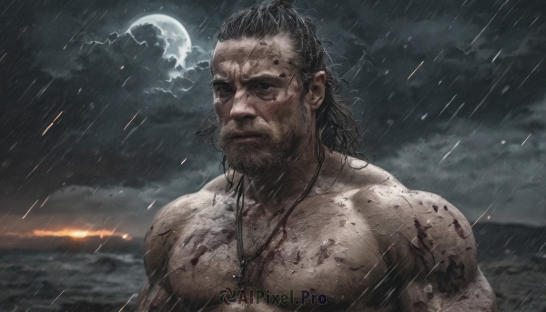 solo,black hair,1boy,jewelry,closed mouth,upper body,male focus,outdoors,sky,cloud,medium hair,necklace,black eyes,wet,blood,muscular,night,facial hair,ocean,scar,moon,cloudy sky,pectorals,muscular male,beard,full moon,rain,topless male,realistic,mustache,stubble,chest hair,lightning,looking at viewer,short hair,night sky,bara,scar on face,mature male