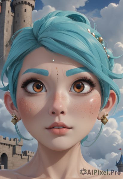 1girl,solo,looking at viewer,blush,short hair,hair ornament,bare shoulders,brown eyes,jewelry,blue hair,collarbone,earrings,outdoors,parted lips,sky,day,artist name,cloud,hair bun,blue sky,lips,orange eyes,eyelashes,aqua hair,makeup,single hair bun,cloudy sky,building,portrait,close-up,freckles,nose,castle,mascara,bangs,teeth,watermark,facial mark,thick eyebrows