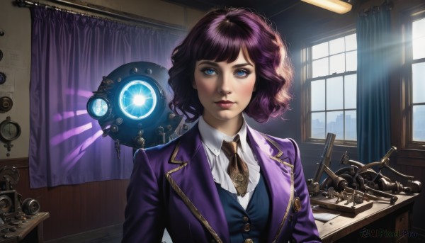 1girl,solo,looking at viewer,short hair,bangs,blue eyes,shirt,closed mouth,jacket,white shirt,upper body,purple hair,open clothes,necktie,collared shirt,indoors,vest,open jacket,lips,window,makeup,buttons,glowing,formal,sunlight,suit,robot,lipstick,curtains,blue jacket,desk,science fiction,curly hair,realistic,nose,clock,purple jacket,brown necktie,steampunk,black hair,long sleeves,day,ascot,eyelashes,dress shirt,wavy hair,phone,blazer,backlighting,corded phone