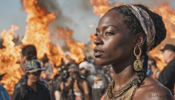 1girl,black hair,hat,bare shoulders,brown eyes,jewelry,braid,earrings,outdoors,parted lips,multiple boys,solo focus,day,dark skin,necklace,blurry,dark-skinned female,lips,blurry background,headband,fire,portrait,6+boys,hoop earrings,realistic,crowd,very dark skin,long hair,sky,depth of field