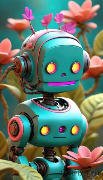 solo,standing,yellow eyes,flower,blurry,no humans,blurry background,glowing,plant,robot,mecha,pink flower,science fiction,cable,humanoid robot,non-humanoid robot,looking at viewer,open mouth,upper body,artist name,signature,pink eyes,leaf