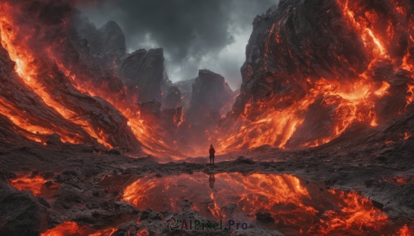 solo, 1boy, standing, outdoors, sky, cloud, cloudy sky, fire, scenery, 1other, mountain, ambiguous gender, molten rock