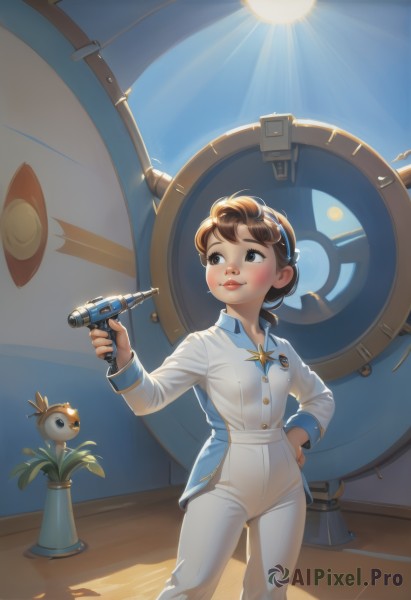 1girl,solo,blush,smile,short hair,brown hair,shirt,long sleeves,holding,brown eyes,closed mouth,standing,weapon,hairband,small breasts,day,pants,indoors,signature,holding weapon,blue sky,lips,hand on hip,gun,bird,sunlight,plant,robot,goggles,child,holding gun,handgun,backlighting,freckles,science fiction,white pants,sun,potted plant,blue hairband,energy gun,breasts,uniform,military,military uniform,buttons,nose