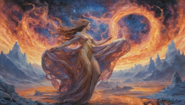 1girl,solo,long hair,breasts,brown hair,dress,bare shoulders,jewelry,medium breasts,standing,closed eyes,outdoors,sky,cloud,water,dutch angle,profile,night,floating hair,fire,star (sky),night sky,scenery,starry sky,mountain,fantasy,long dress,mountainous horizon,closed mouth,full body,orange hair,outstretched arms,skirt hold,dancing,yellow dress