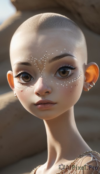 1girl,solo,looking at viewer,short hair,brown eyes,jewelry,closed mouth,earrings,necklace,mole,blurry,lips,eyelashes,makeup,blurry background,piercing,portrait,freckles,realistic,bald,very short hair,ear piercing,genderswap,genderswap (mtf)