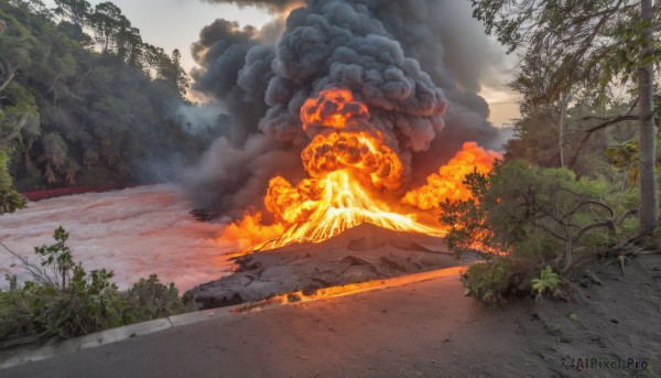 outdoors,sky,cloud,tree,no humans,fire,plant,nature,scenery,forest,smoke,mountain,road,bush,explosion,burning,cloudy sky,grass,landscape