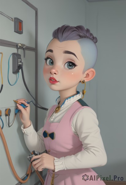 1girl,solo,looking at viewer,blush,short hair,blue eyes,shirt,black hair,long sleeves,dress,holding,jewelry,white shirt,grey hair,earrings,parted lips,indoors,nail polish,black eyes,lips,grey eyes,makeup,lipstick,child,pink dress,freckles,red lips,pinafore dress,cable,upper body,purple hair,teeth,thick eyebrows,undercut