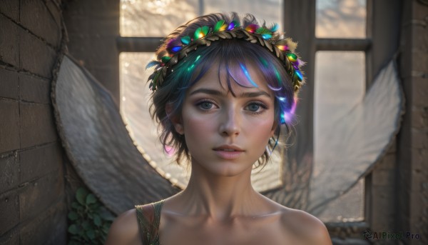 1girl,solo,looking at viewer,short hair,bangs,blue eyes,brown hair,black hair,hair ornament,bare shoulders,jewelry,blue hair,collarbone,flower,parted lips,wings,teeth,artist name,indoors,hair flower,blurry,lips,eyelashes,window,depth of field,watermark,sunlight,plant,portrait,feathered wings,web address,freckles,realistic,nose,wall,head wreath,upper body,earrings,fairy wings,fairy