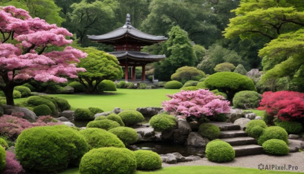 outdoors,day,tree,no humans,traditional media,grass,cherry blossoms,nature,scenery,forest,rock,stairs,bush,torii,architecture,east asian architecture,shrine,path,stone,stone lantern,water,rope,moss,pond,real world location