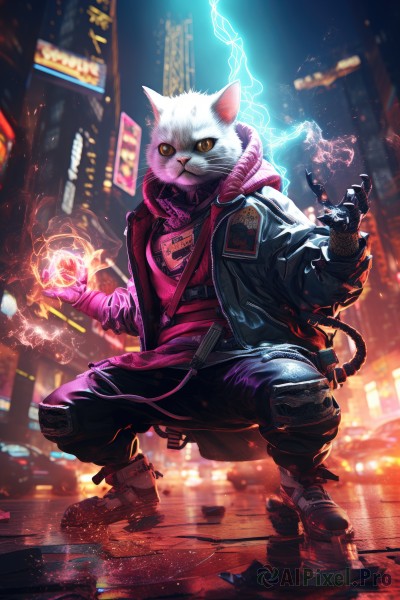 solo,looking at viewer,gloves,1boy,animal ears,jacket,tail,full body,yellow eyes,male focus,boots,outdoors,open clothes,shoes,pants,cat ears,hood,blurry,open jacket,black jacket,no humans,hoodie,night,blurry background,glowing,animal,watermark,black pants,squatting,cat,hood down,slit pupils,building,furry,colored sclera,city,electricity,magic,furry male,leather,skyscraper,whiskers,night sky,web address,claws,realistic,cityscape,animal focus,badge,city lights,cyberpunk,white cat