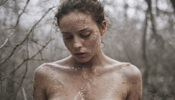 1girl,solo,short hair,brown hair,black hair,closed mouth,collarbone,closed eyes,upper body,nude,outdoors,blurry,tree,lips,wet,completely nude,eyelashes,blurry background,nature,facing viewer,freckles,realistic,wet hair,bare tree,breasts,dark skin,dark-skinned female,dirty,body freckles