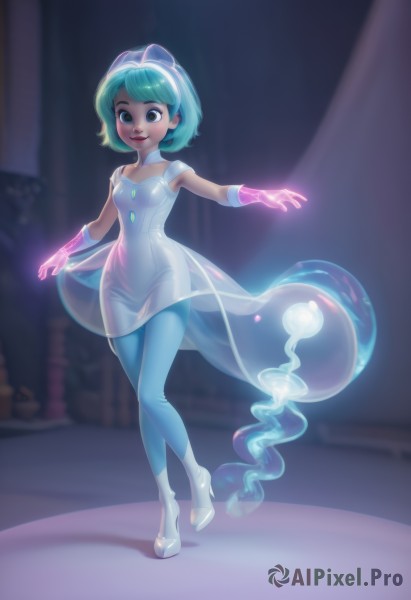 1girl,solo,breasts,looking at viewer,smile,short hair,bangs,blue eyes,gloves,dress,brown eyes,jewelry,blue hair,standing,full body,pantyhose,earrings,small breasts,green hair,shoes,sleeveless,white dress,blurry,high heels,lips,see-through,aqua hair,detached collar,blurry background,glowing,white footwear,walking,blue pantyhose