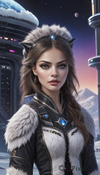 1girl,solo,long hair,looking at viewer,brown hair,animal ears,brown eyes,jewelry,upper body,earrings,outdoors,sky,cat ears,lips,coat,fur trim,makeup,fake animal ears,gem,star (sky),snow,forehead,mountain,realistic,nose,winter clothes,red lips,planet,breasts,parted lips,artist name,crown,lipstick,freckles