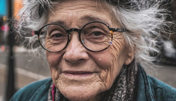 solo,looking at viewer,smile,1boy,closed mouth,jacket,white hair,grey hair,male focus,glasses,blurry,black eyes,lips,blurry background,facial hair,messy hair,portrait,black-framed eyewear,realistic,round eyewear,old,old man,old woman,wrinkled skin,depth of field,scar,close-up,smoke,nose,smoking,eyewear strap