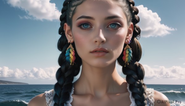 1girl,solo,long hair,looking at viewer,blue eyes,black hair,bare shoulders,twintails,jewelry,collarbone,upper body,braid,earrings,outdoors,parted lips,sky,teeth,sleeveless,day,cloud,water,twin braids,blue sky,lips,eyelashes,ocean,beach,piercing,cloudy sky,feathers,ear piercing,portrait,hair over shoulder,close-up,freckles,realistic,nose,horizon,mascara,multiple braids,makeup,sunlight,waves