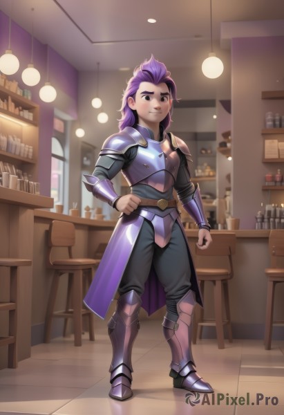 1girl,solo,long hair,smile,closed mouth,standing,full body,purple hair,boots,belt,pants,artist name,indoors,armor,black eyes,hand on hip,watermark,chair,black pants,table,bottle,shoulder armor,web address,pauldrons,breastplate,tiles,armored boots,greaves,stool,shelf,bar (place),ceiling light,reflective floor,plate armor,looking at viewer,short hair,bangs,long sleeves,brown eyes,pink hair,multicolored hair,scar,knee boots,aged down,gauntlets,clenched hand,clenched hands