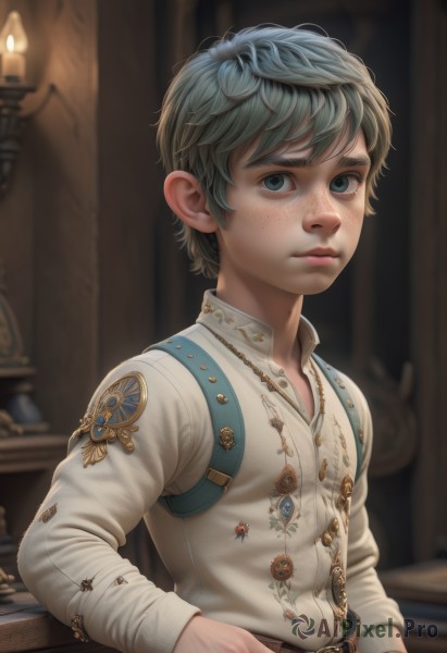 solo,looking at viewer,short hair,blue eyes,shirt,long sleeves,1boy,jewelry,closed mouth,white shirt,upper body,grey hair,male focus,green hair,collared shirt,belt,indoors,necklace,blurry,lips,buttons,depth of field,blurry background,child,freckles,realistic,nose,candle,male child,1girl,green eyes,blue hair,artist name,watermark,androgynous,badge,candlestand