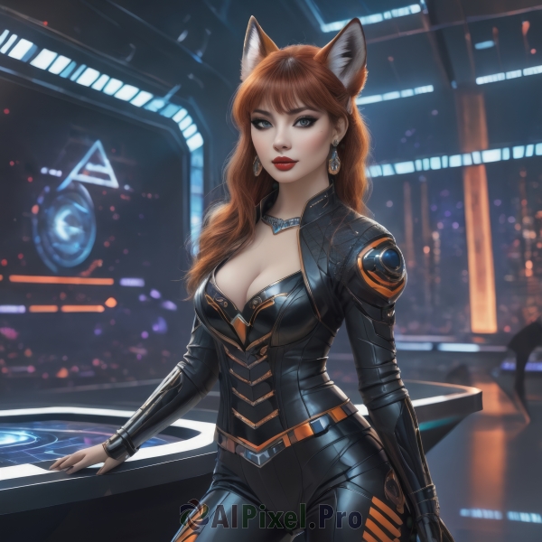 1girl,solo,long hair,breasts,looking at viewer,bangs,blue eyes,large breasts,brown hair,animal ears,cleavage,jewelry,medium breasts,standing,cowboy shot,earrings,belt,artist name,cat ears,necklace,mole,blurry,lips,fox ears,bodysuit,makeup,blurry background,lipstick,science fiction,black bodysuit,red lips,eyeliner,jacket,red hair,open clothes,pants,open jacket,black jacket,mole under eye,black pants,fox girl,realistic,leather,leather jacket,cyberpunk,leather pants