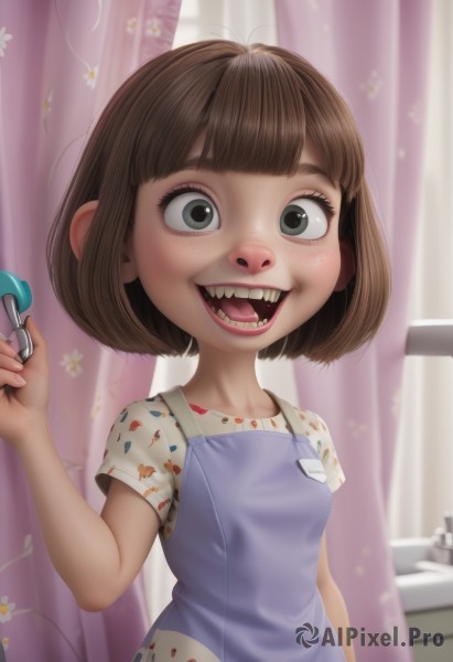 1girl,solo,breasts,looking at viewer,smile,short hair,open mouth,bangs,brown hair,shirt,holding,white shirt,upper body,short sleeves,small breasts,teeth,tongue,indoors,blunt bangs,blurry,black eyes,apron,grey eyes,blurry background,fangs,floral print,bob cut,curtains,child,freckles,female child,overalls,dress,green eyes,toothbrush