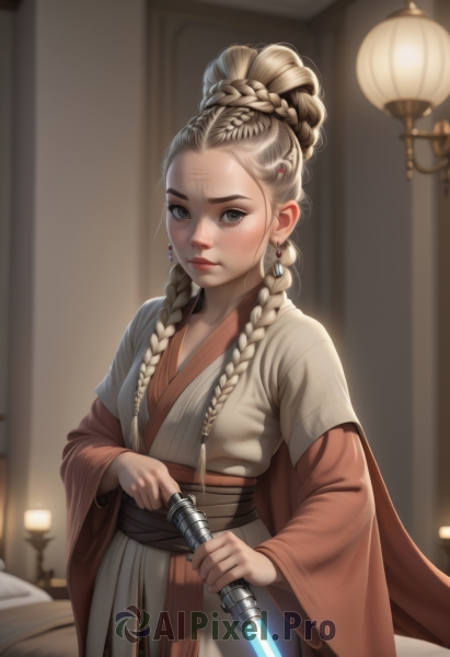 1girl,solo,long hair,breasts,looking at viewer,blonde hair,hair ornament,long sleeves,holding,jewelry,closed mouth,weapon,braid,earrings,sword,indoors,wide sleeves,holding weapon,blurry,twin braids,lips,grey eyes,sash,bed,depth of field,blurry background,on bed,holding sword,knife,hair over shoulder,freckles,robe,lamp,hair pulled back,energy sword,multiple braids,lightsaber,blush,dress,artist name,hair bun,cape,thick eyebrows,forehead,realistic,nose