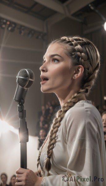 1girl,solo,long hair,open mouth,blue eyes,blonde hair,brown hair,long sleeves,dress,holding,jewelry,upper body,braid,earrings,teeth,solo focus,indoors,white dress,blurry,twin braids,from side,lips,grey eyes,blurry background,ring,looking up,microphone,hair over shoulder,realistic,nose,music,holding microphone,singing,microphone stand,necklace,piercing,stud earrings,hair behind ear,crowd,multiple braids