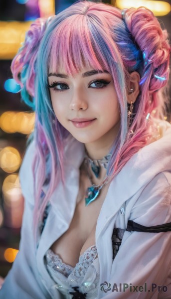 1girl,solo,long hair,breasts,looking at viewer,smile,bangs,cleavage,twintails,brown eyes,jewelry,medium breasts,closed mouth,underwear,blue hair,jacket,upper body,pink hair,multicolored hair,earrings,open clothes,choker,artist name,necklace,hair bun,bra,mole,blurry,black eyes,two-tone hair,lips,eyelashes,double bun,makeup,blurry background,piercing,white jacket,realistic,nose,large breasts,shirt,white shirt,heart,sidelocks,hood,blunt bangs,streaked hair,coat,depth of field,light smile,pendant,white bra,bokeh