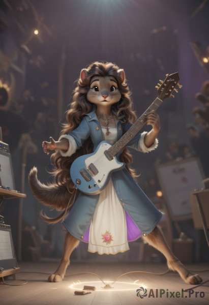 1girl,solo,long hair,looking at viewer,smile,brown hair,dress,holding,animal ears,brown eyes,jewelry,very long hair,standing,collarbone,jacket,tail,full body,parted lips,open clothes,solo focus,artist name,indoors,signature,necklace,blurry,black eyes,coat,blurry background,happy,instrument,furry,freckles,dog tail,furry female,music,guitar,cable,body fur,playing instrument,holding instrument,animal nose,blue coat,electric guitar,snout,brown fur,two-tone fur,stage,stage lights,plectrum,animal feet,breasts,open mouth,blue eyes,long sleeves,small breasts,barefoot,teeth,white dress,flat chest,open jacket,hands up,dutch angle,buttons,depth of field,blue dress,fangs,watermark,wavy hair,blue jacket,claws,light particles,sleeves rolled up,backlighting,animal hands,long skirt,open coat,light rays,blurry foreground,wooden floor,glint,female child,computer,lion ears,laptop,spotlight,rug,pawpads,concert